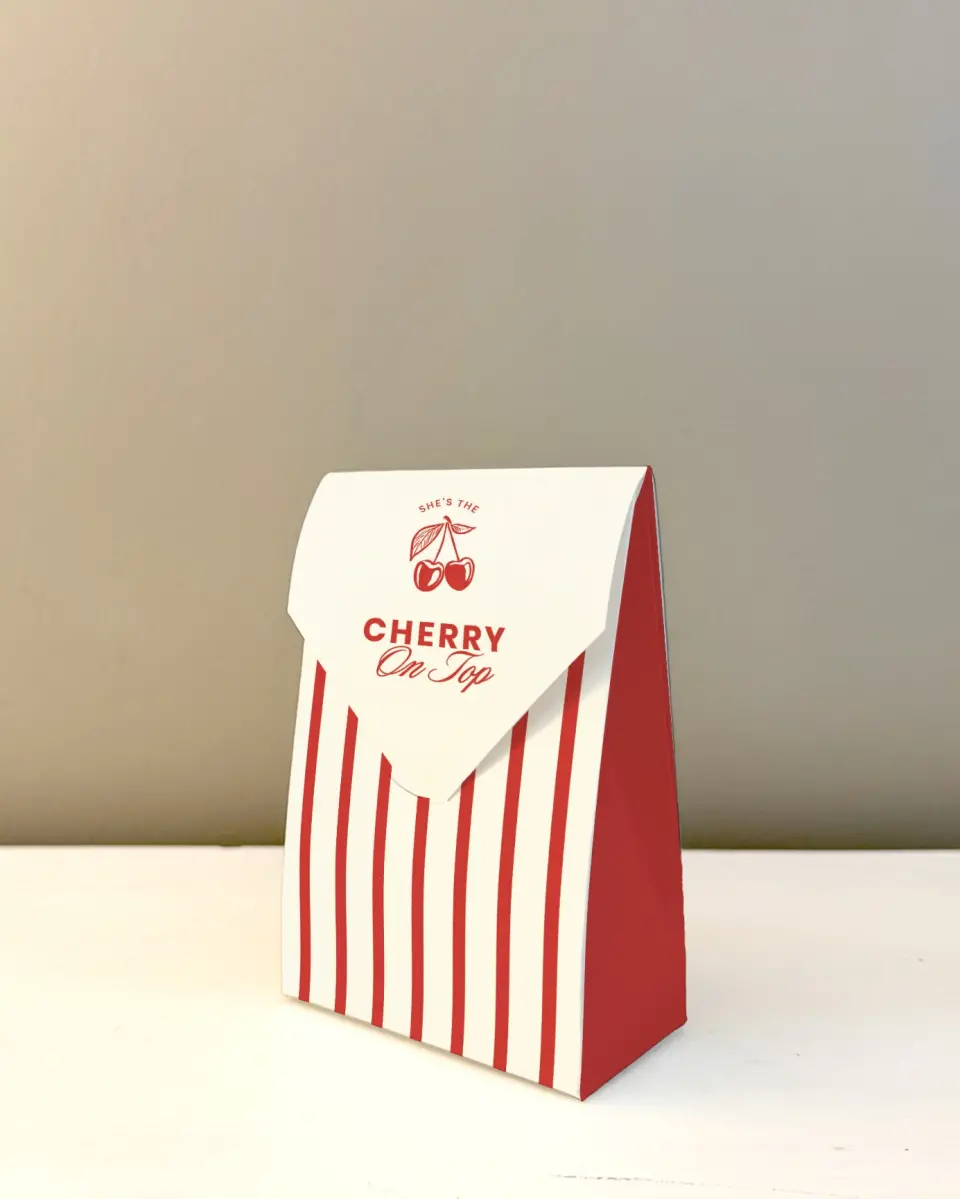 This is a 3.5" x 5.5" Wedding Favor Boxe called Cherry on Top printed in full color