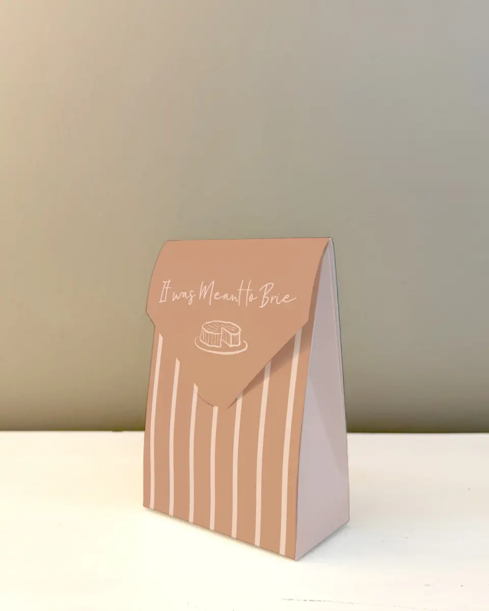 This is a 3.5" x 5.5" Wedding Favor Boxe called Meant to Brie printed in full color