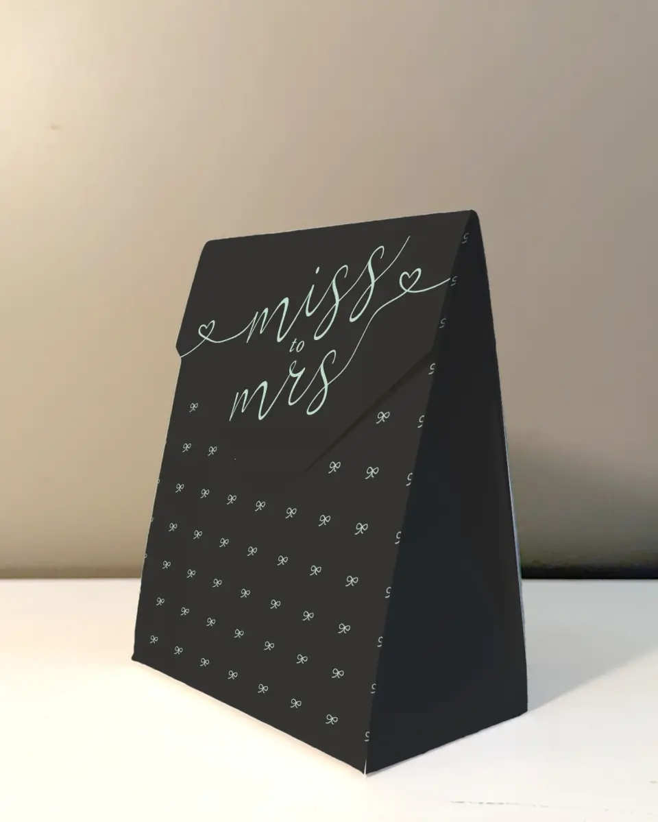 This is a 5" x 7" Wedding Favor Boxe called Soon To Be Mrs. printed in full color