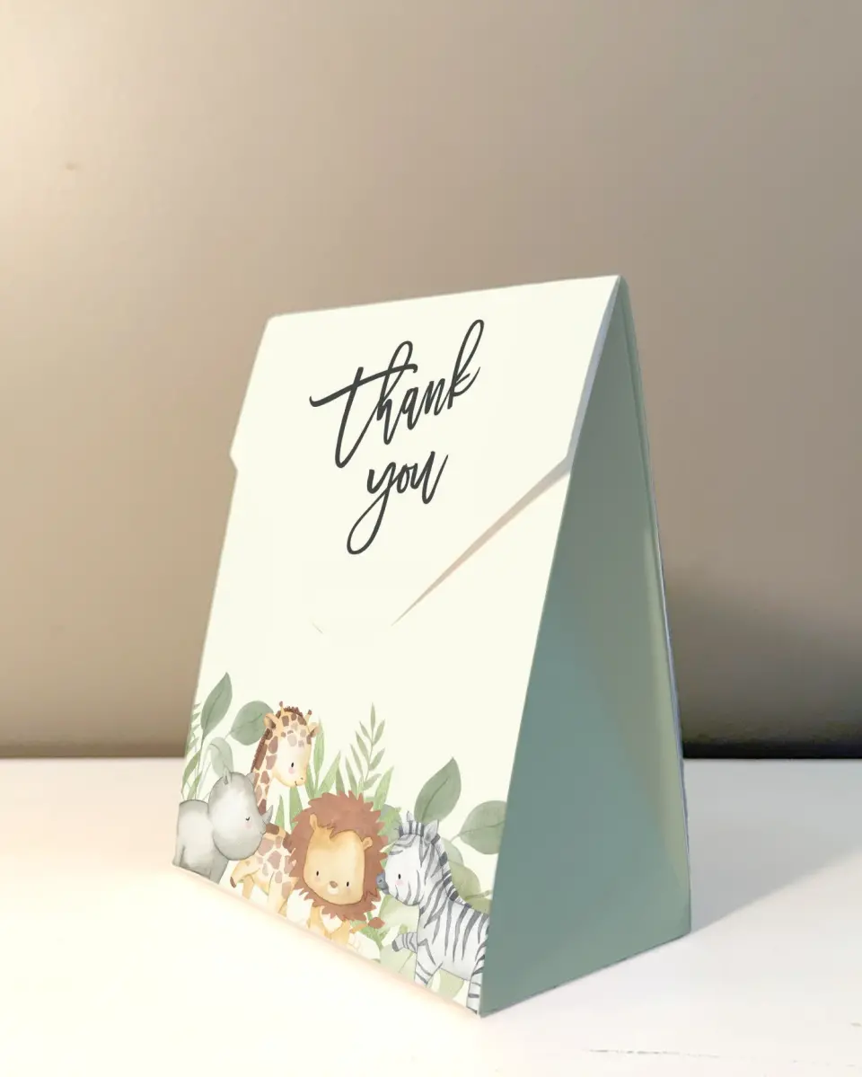 This is a 5" x 7" Wedding Favor Boxe called Sweet Safari printed in full color with Gold foil