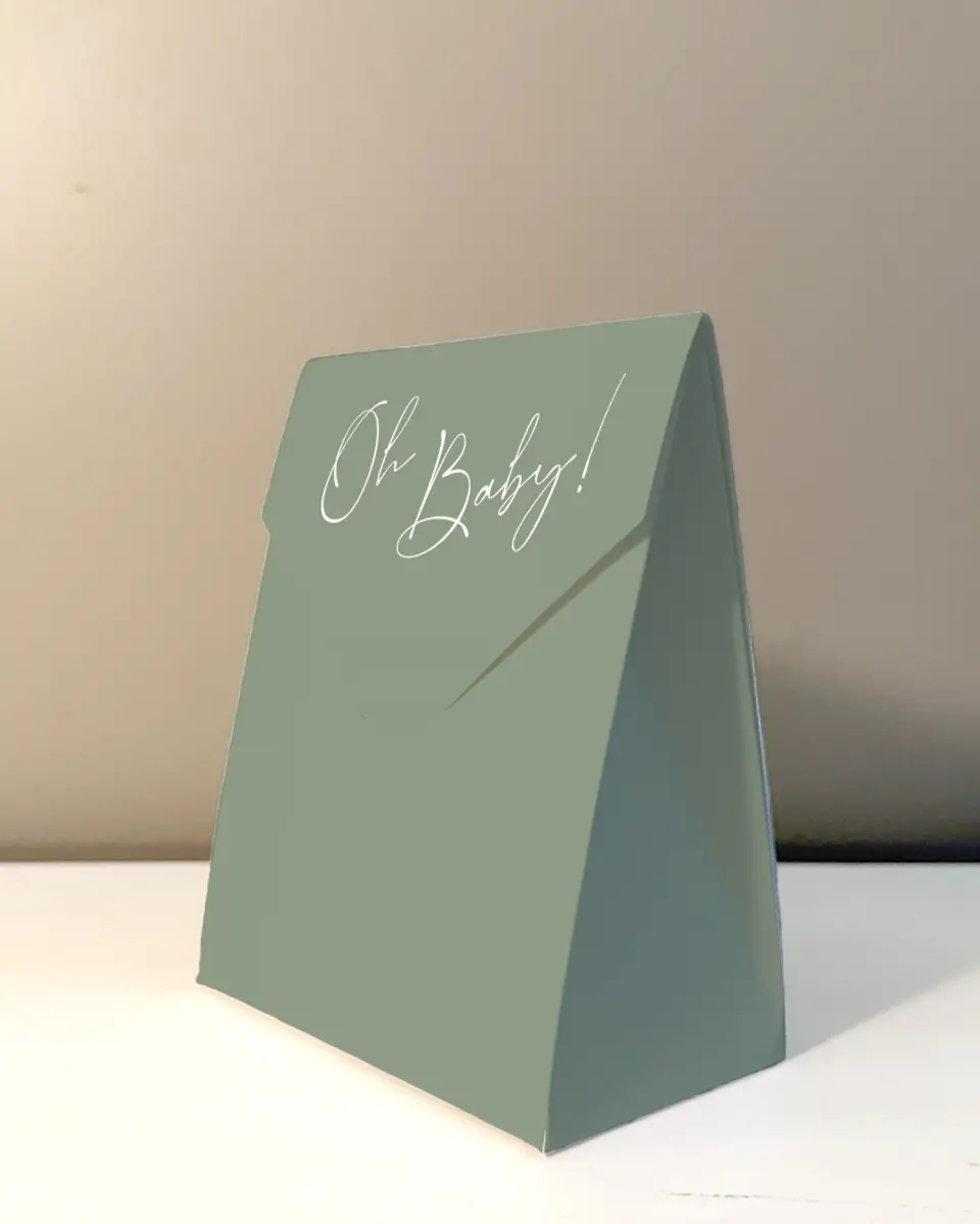 This is a 5" x 7" Wedding Favor Boxe called Oh Baby printed in full color with Gold foil