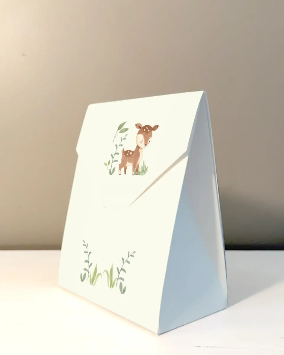 This is a 5" x 7" Wedding Favor Boxe called Forest Friends printed in full color with Gold foil