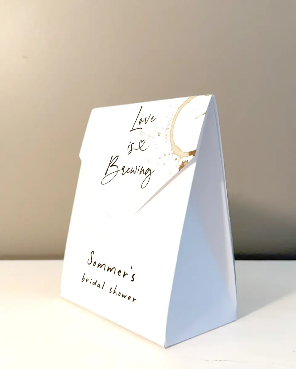 This is a 5" x 7" Wedding Favor Boxe called Love is Brewing printed in full color