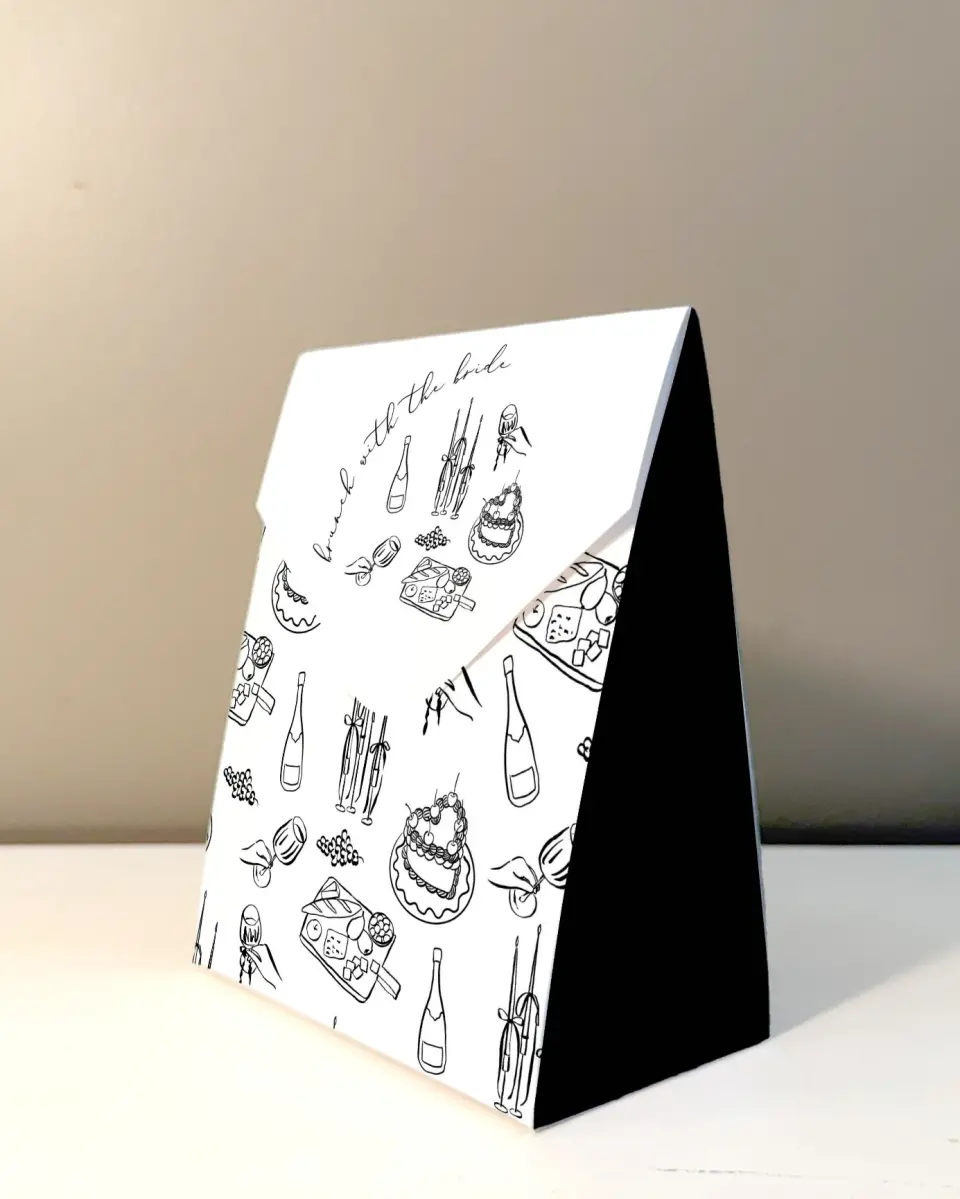 This is a 5" x 7" Wedding Favor Boxe called Stay a While printed in full color