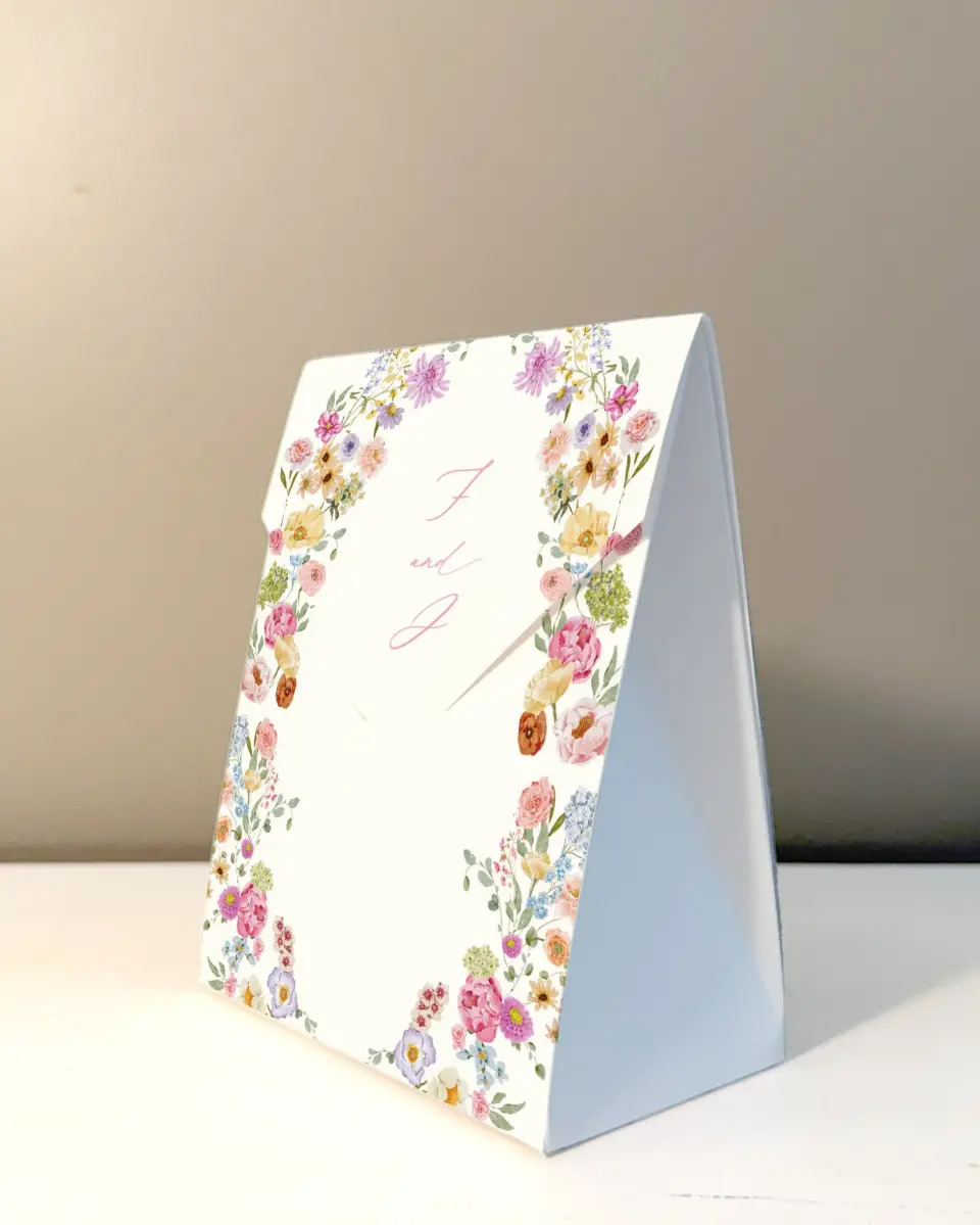 This is a 5" x 7" Wedding Favor Boxe called The Florence printed in full color with Rose Gold foil