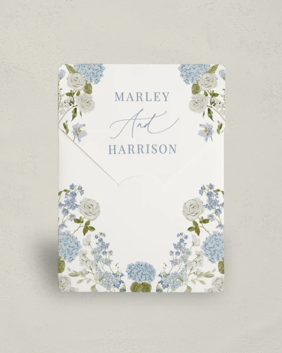 This is a 5" x 7" Wedding Favor Boxe called Blue Blossoms printed in full color