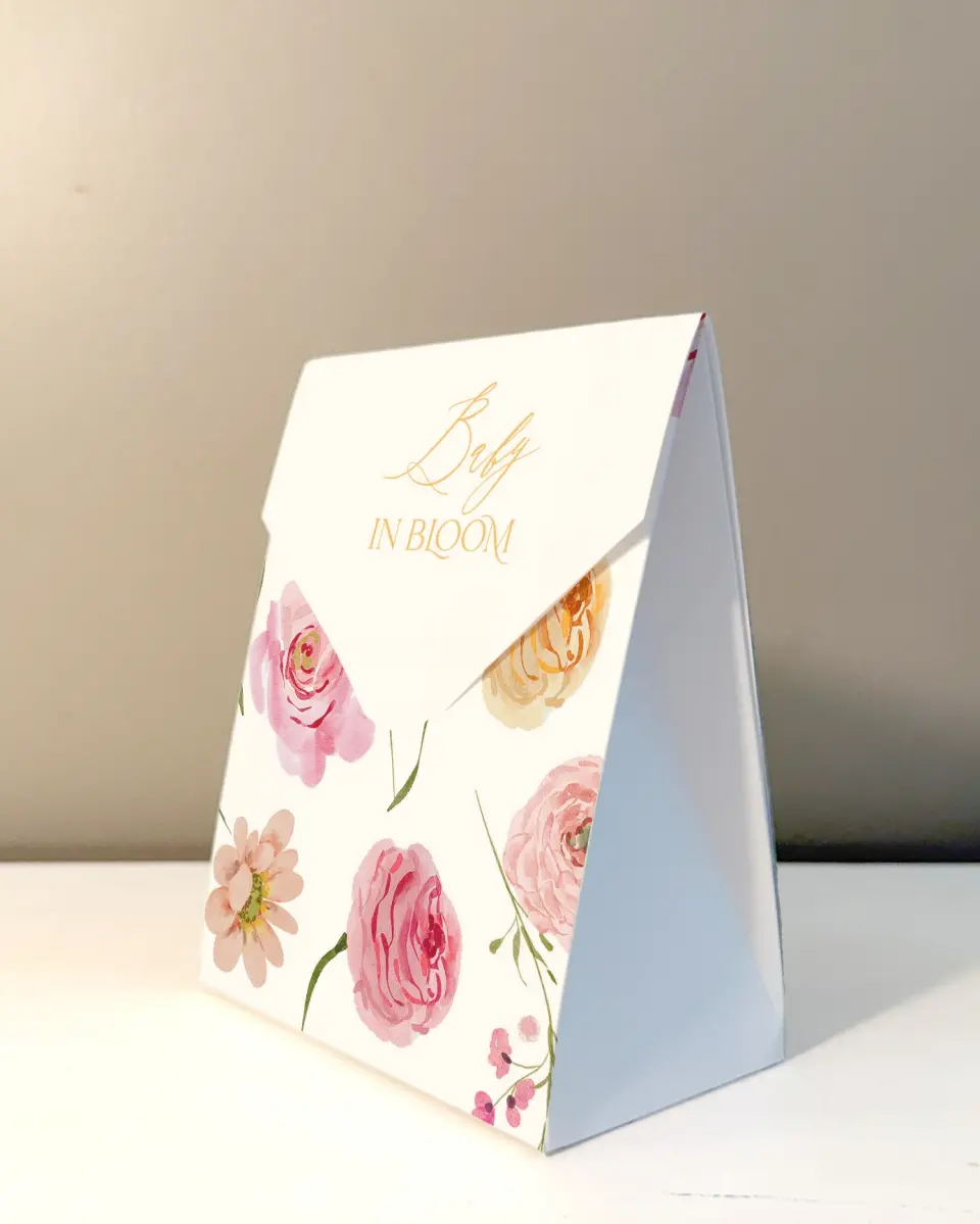 This is a 5" x 7" Wedding Favor Boxe called Colorful Blooms printed in full color with Gold foil