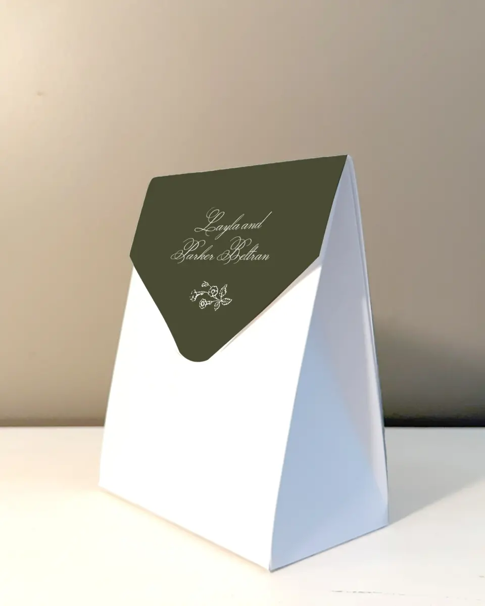 This is a 5" x 7" Wedding Favor Boxe called Holderness printed in full color with Rose Gold foil
