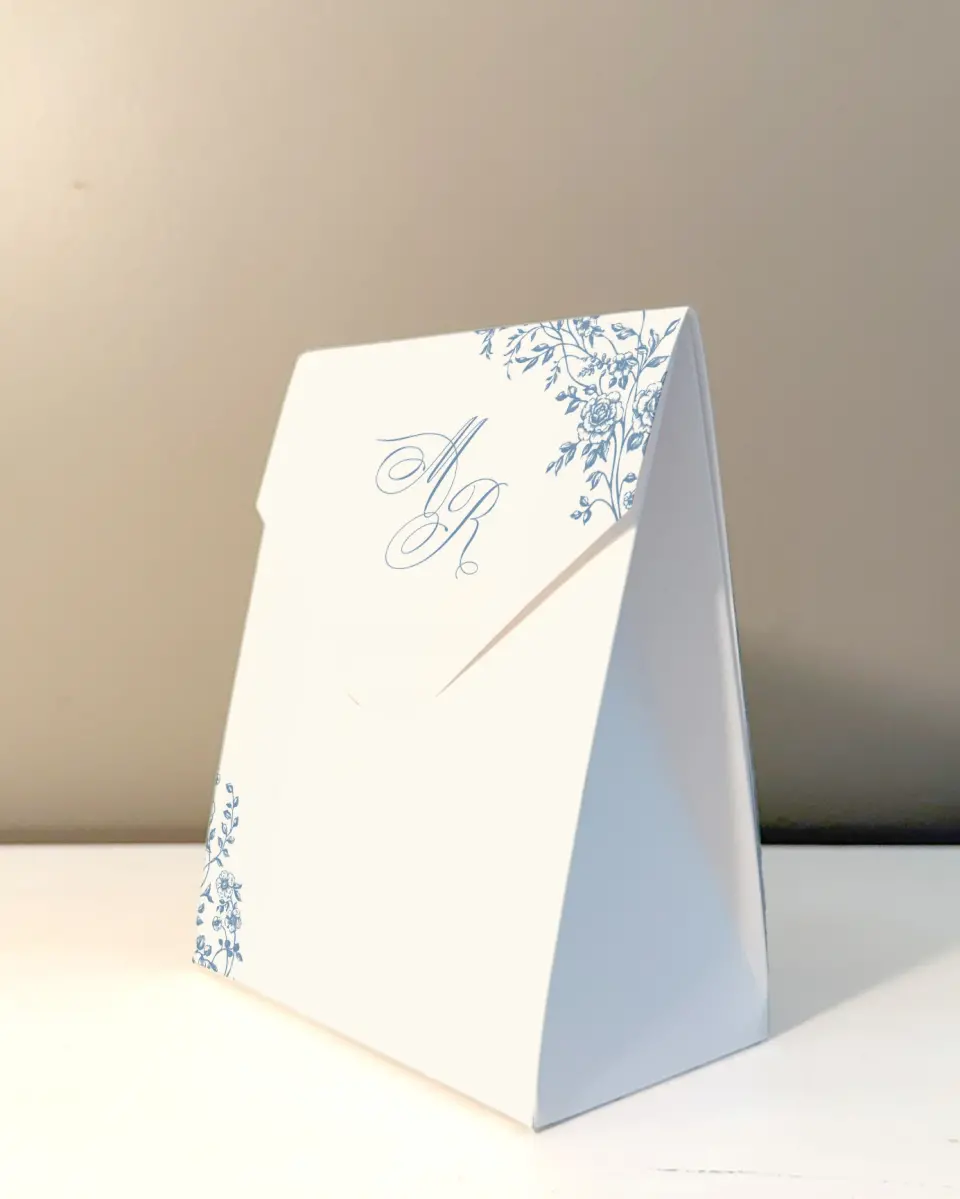 This is a 5" x 7" Wedding Favor Boxe called Vintage Reverie printed in full color with Rose Gold foil