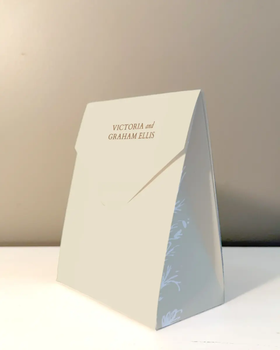 This is a 5" x 7" Wedding Favor Boxe called Soft Branchlets printed in full color with Gold foil