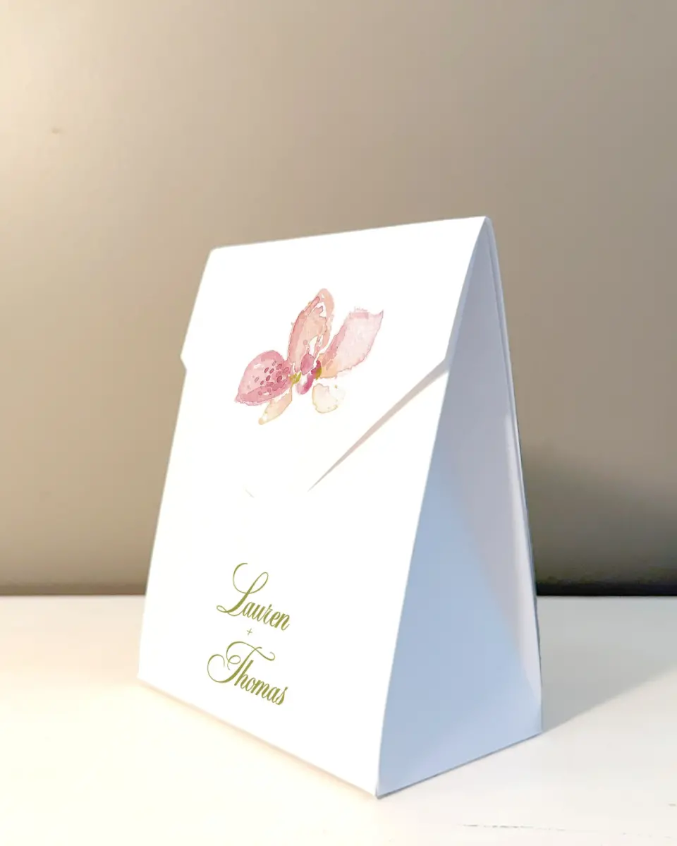 This is a 5" x 7" Wedding Favor Boxe called Paradise in Bloom printed in full color with Rose Gold foil