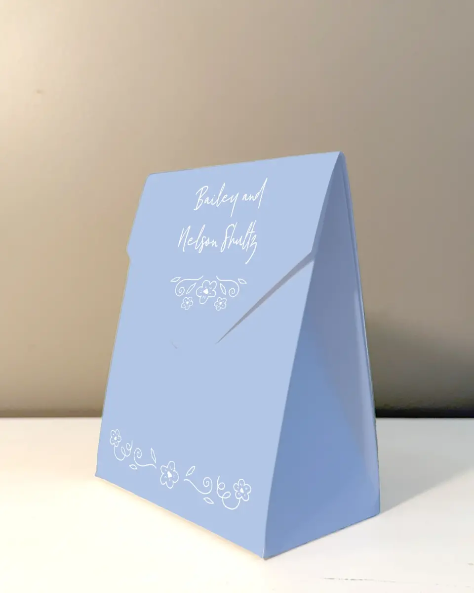 This is a 5" x 7" Wedding Favor Boxe called Framed in Flowers printed in full color with Gold foil