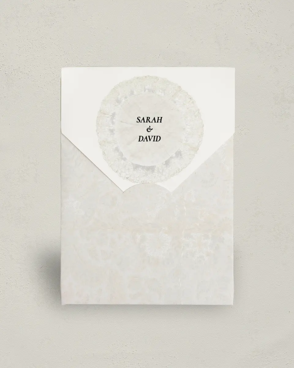 This is a 5" x 7" Wedding Favor Boxe called Trimmed Lace printed in full color with Gold foil