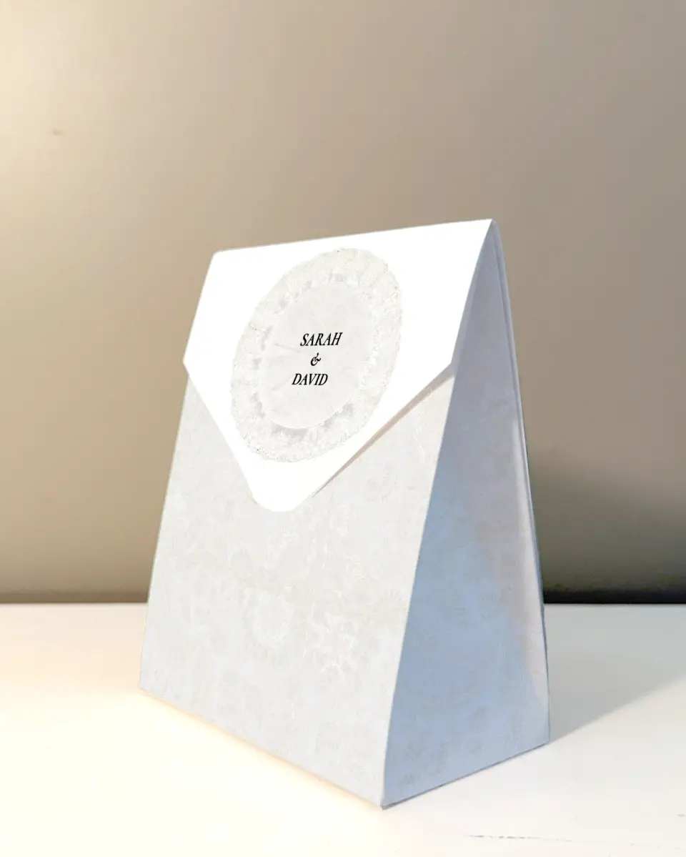 This is a 5" x 7" Wedding Favor Boxe called Trimmed Lace printed in full color with Gold foil