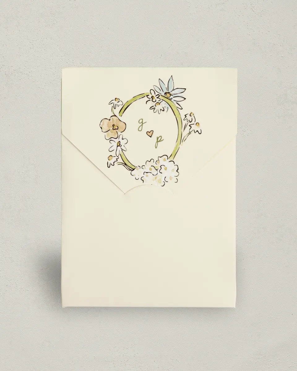This is a 5" x 7" Wedding Favor Boxe called Soft Garden Vows printed in full color with Gold foil