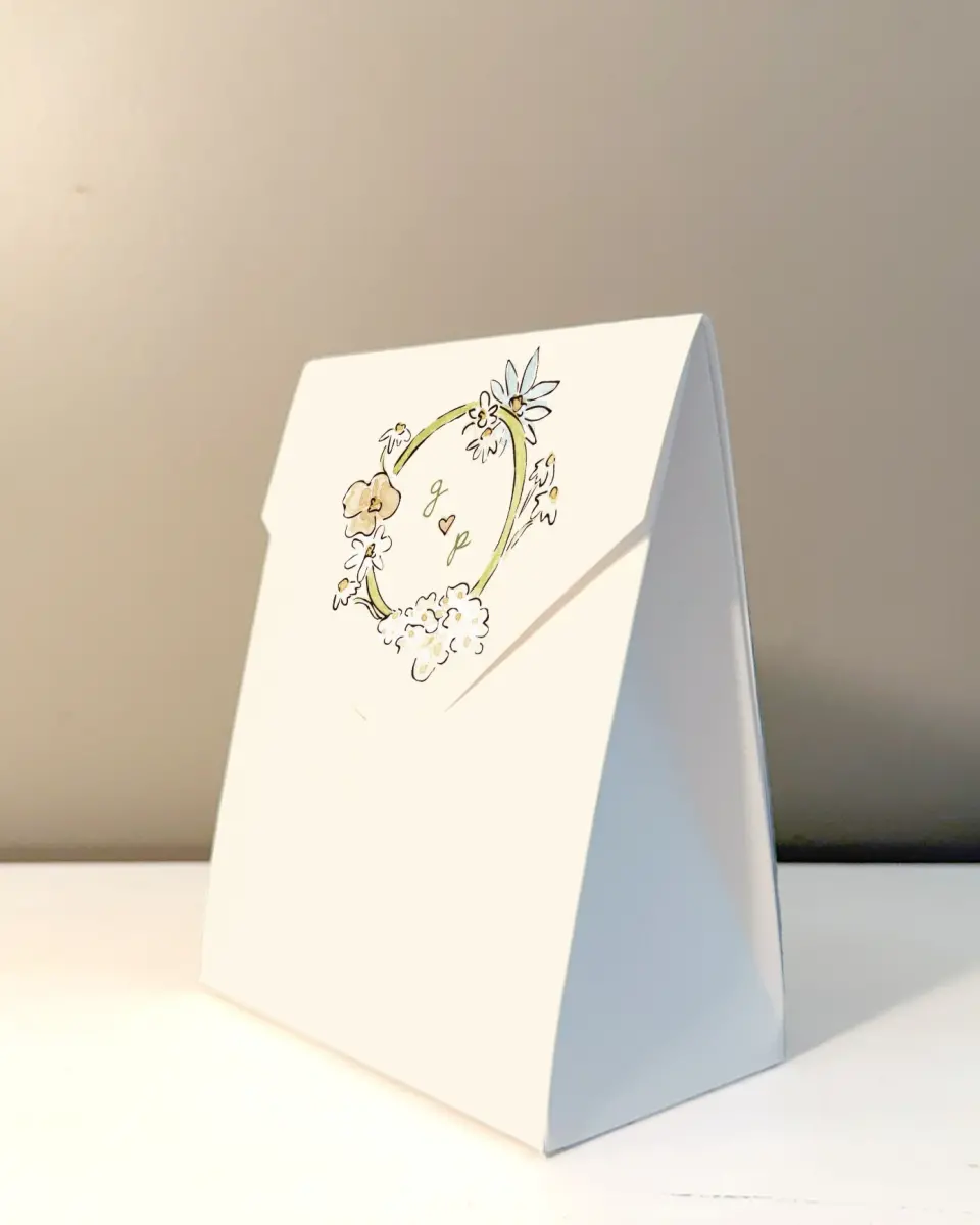 This is a 5" x 7" Wedding Favor Boxe called Soft Garden Vows printed in full color with Rose Gold foil