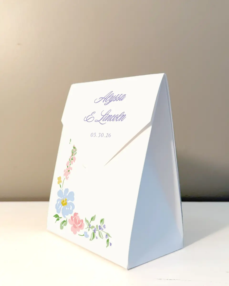 This is a 5" x 7" Wedding Favor Boxe called Gentle Garden printed in full color with Rose Gold foil