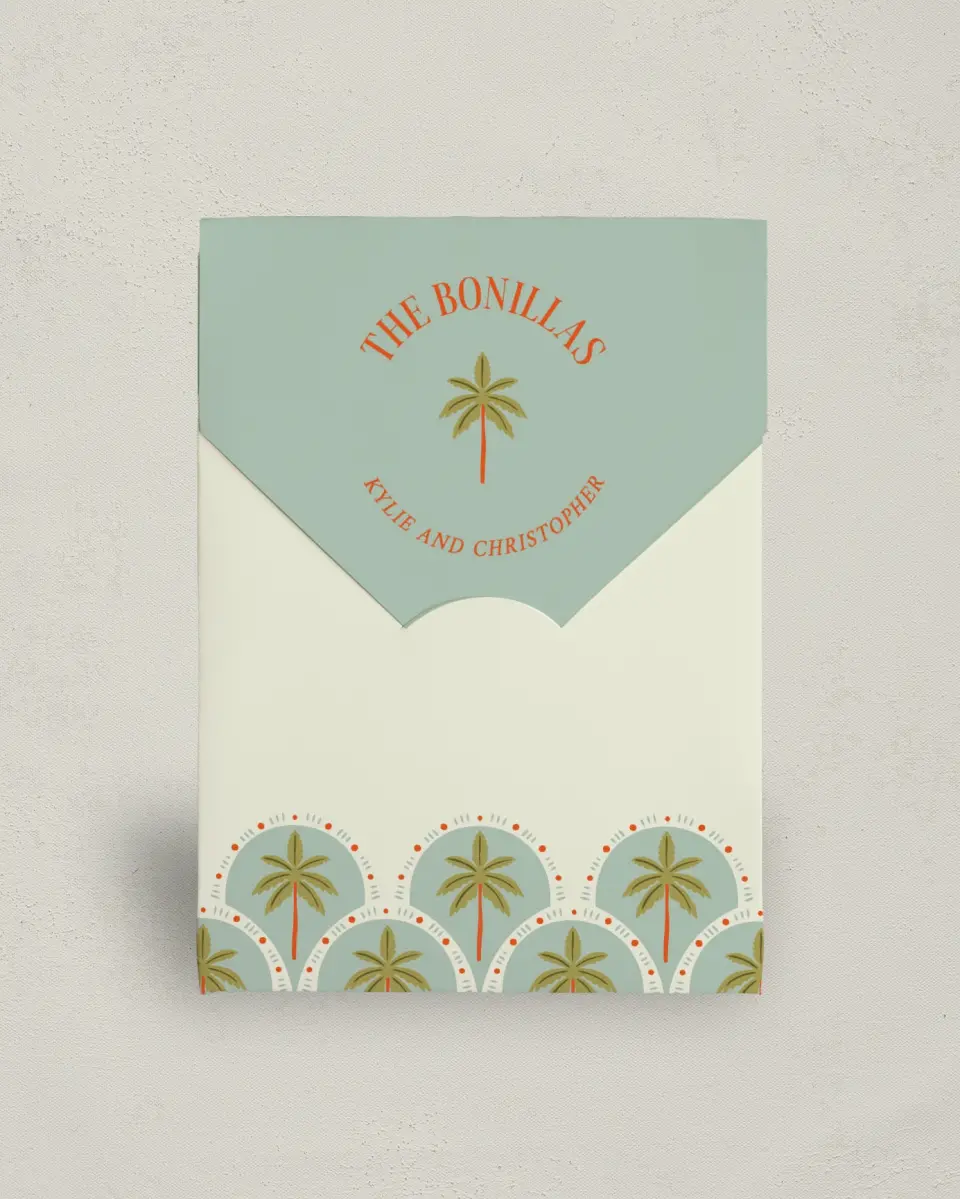 This is a 5" x 7" Wedding Favor Boxe called Tropical Treasure printed in full color with Gold foil
