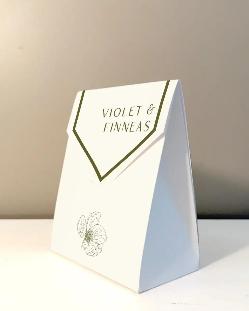 This is a 5" x 7" Wedding Favor Boxe called Delicate Love printed in full color with Silver foil