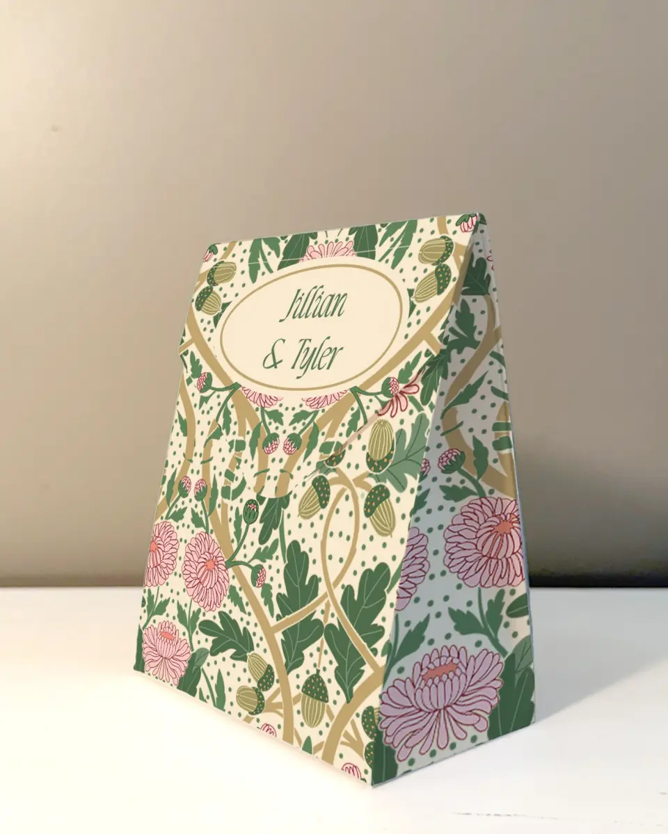 This is a 5" x 7" Wedding Favor Boxe called Regal Garden printed in full color with Rose Gold foil