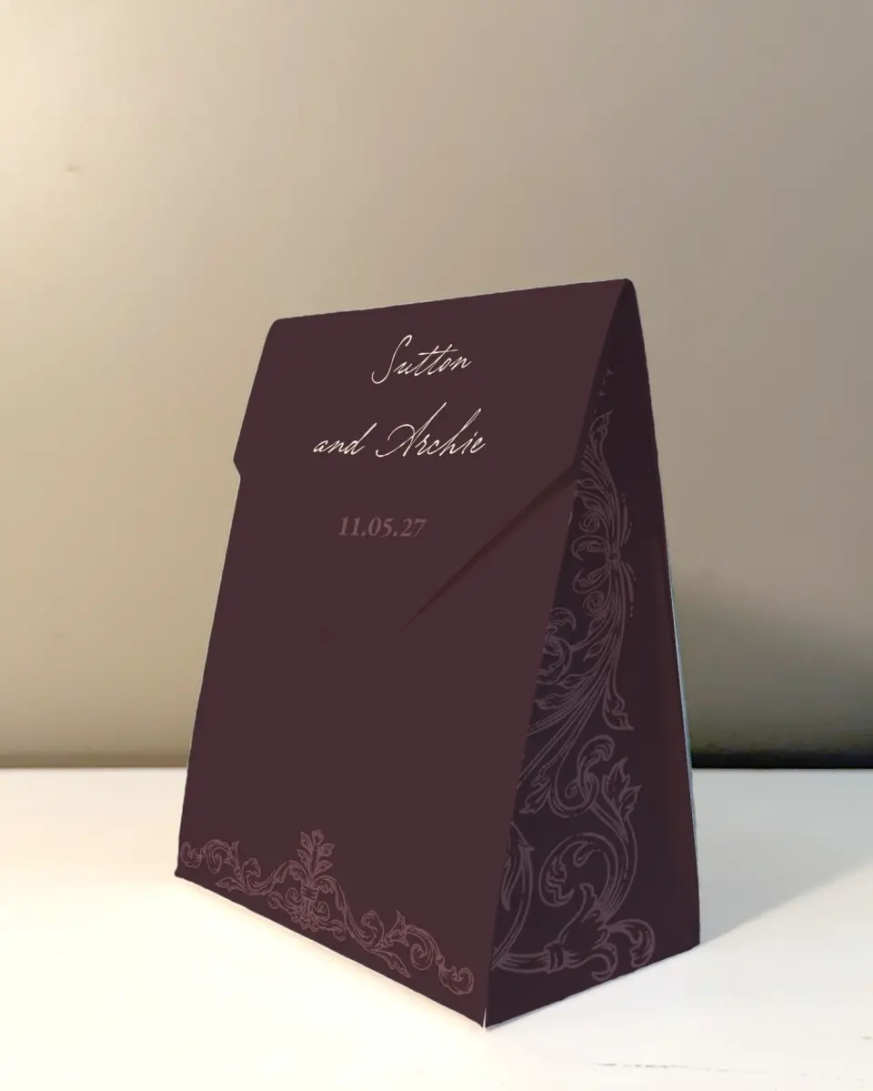 This is a 5" x 7" Wedding Favor Boxe called Victorian Aura printed in full color with Rose Gold foil
