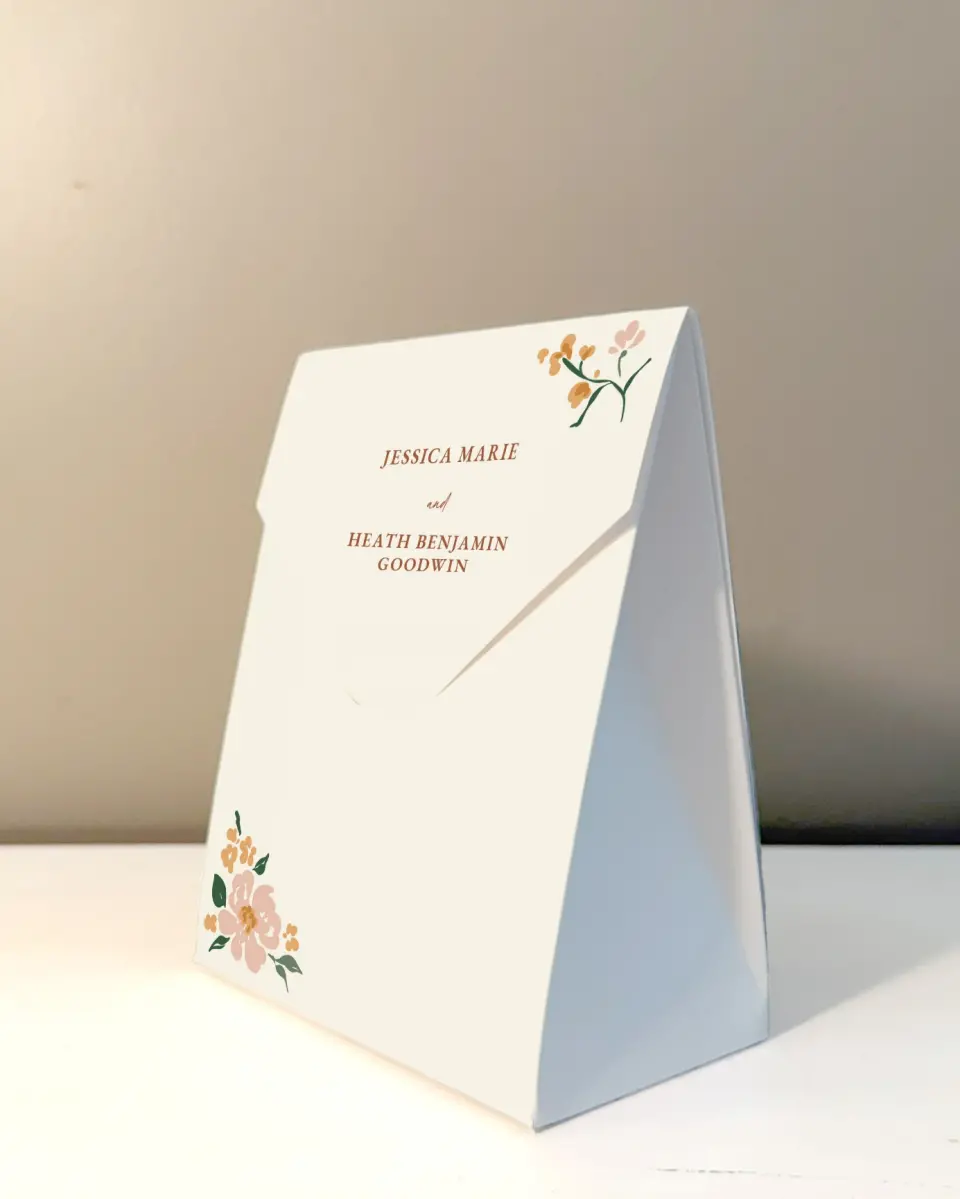 This is a 5" x 7" Wedding Favor Boxe called Plush Petals printed in full color
