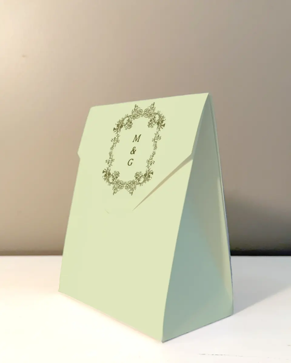 This is a 5" x 7" Wedding Favor Boxe called Vintage Chinoiserie printed in full color with Gold foil