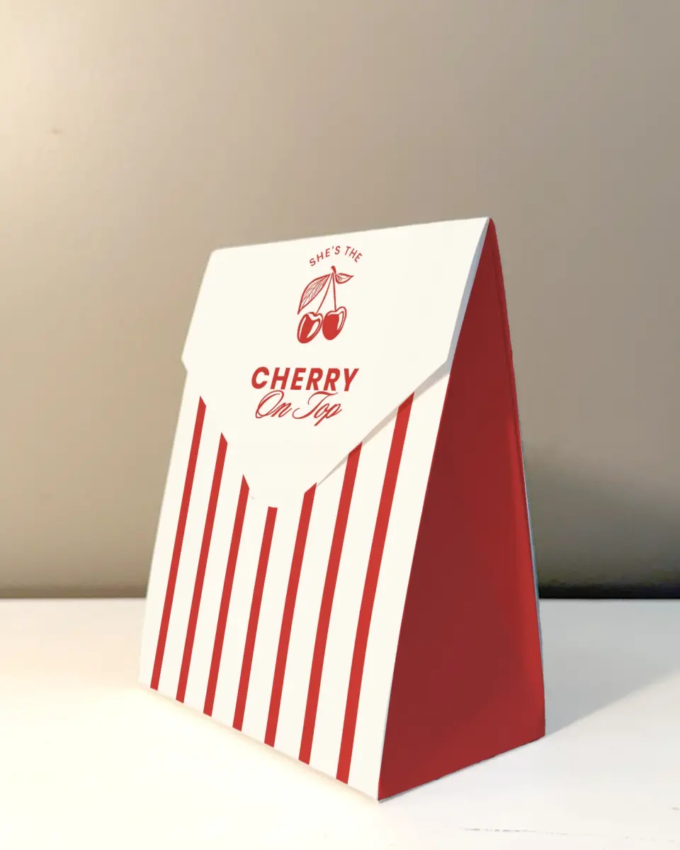 This is a 5" x 7" Wedding Favor Boxe called Cherry on Top printed in full color