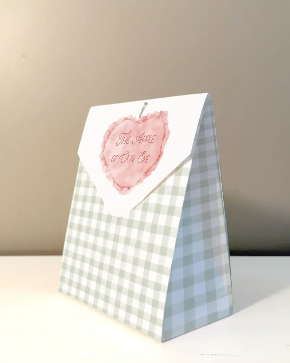 This is a 5" x 7" Wedding Favor Boxe called Apple of Our Eye printed in full color with Gold foil