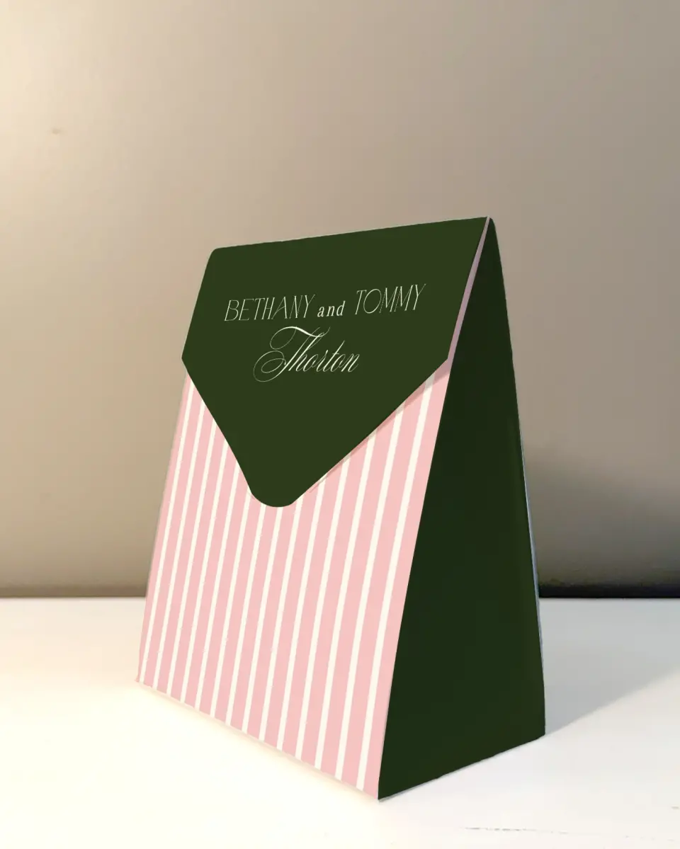 This is a 5" x 7" Wedding Favor Boxe called The Bethany printed in full color with Rose Gold foil