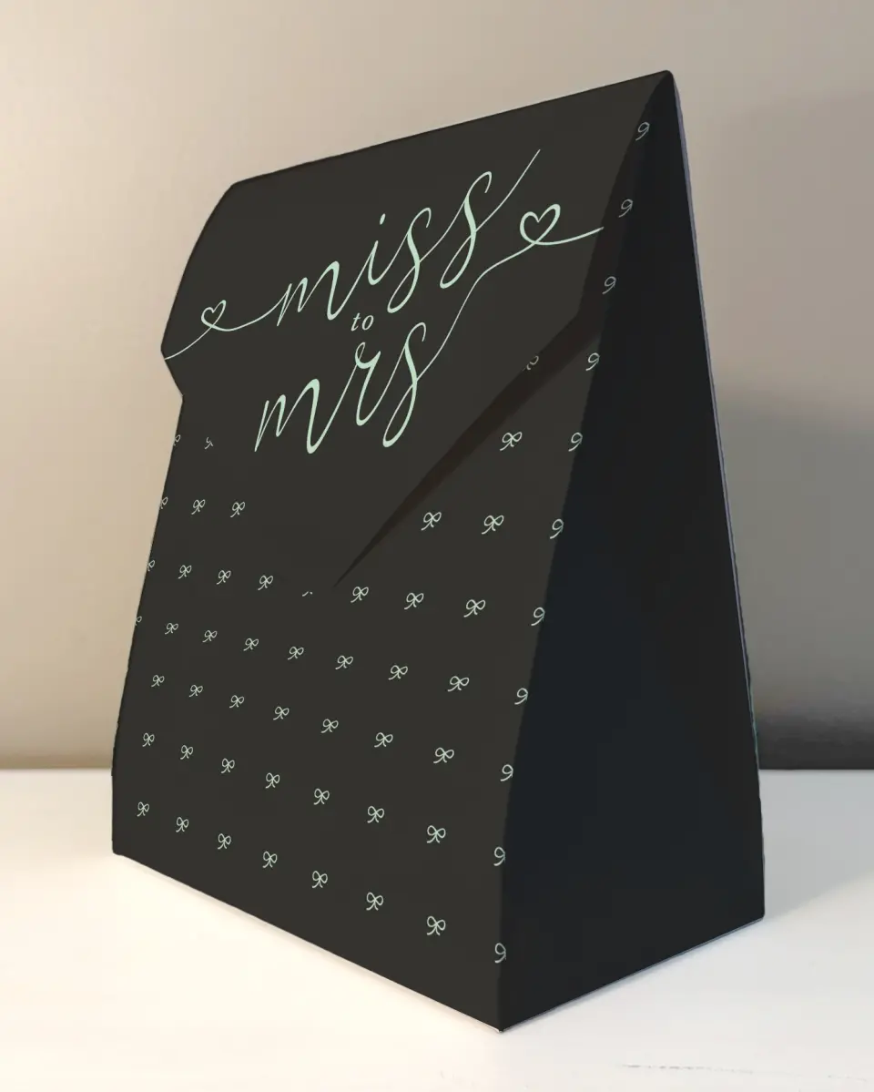 This is a 6.5" x 9" Wedding Favor Boxe called Soon To Be Mrs. printed in full color