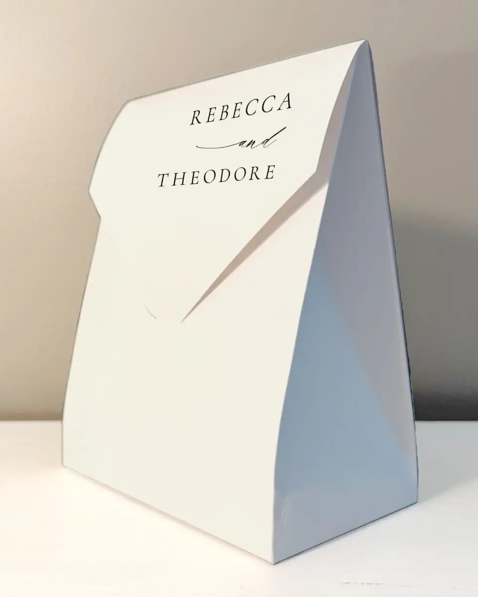 This is a 6.5" x 9" Wedding Favor Boxe called Simply Elegant printed in full color with Rose Gold foil