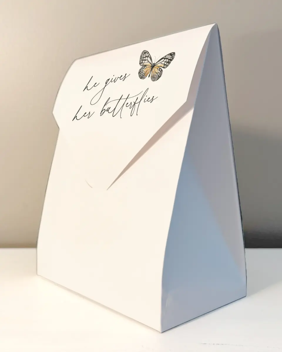 This is a 6.5" x 9" Wedding Favor Boxe called Gives Her Butterflies printed in full color
