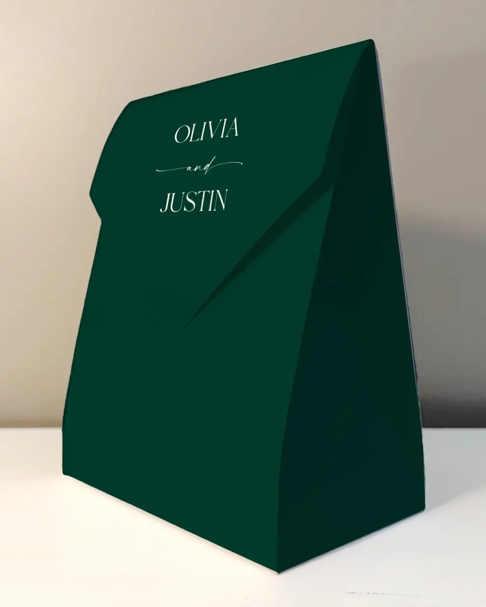 This is a 6.5" x 9" Wedding Favor Boxe called The Olivia printed in full color with Silver foil