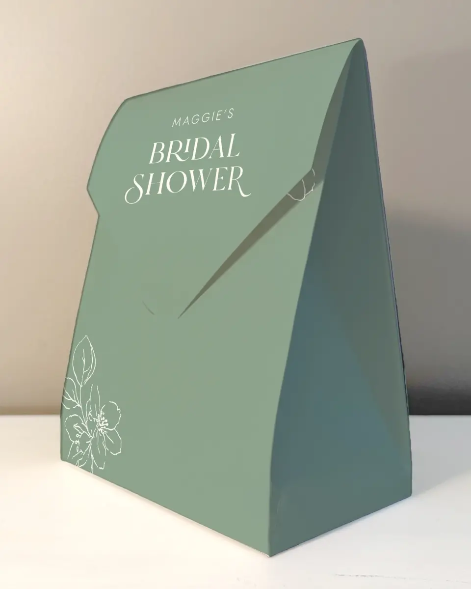 This is a 6.5" x 9" Wedding Favor Boxe called Joyful Blooms printed in full color with Rose Gold foil