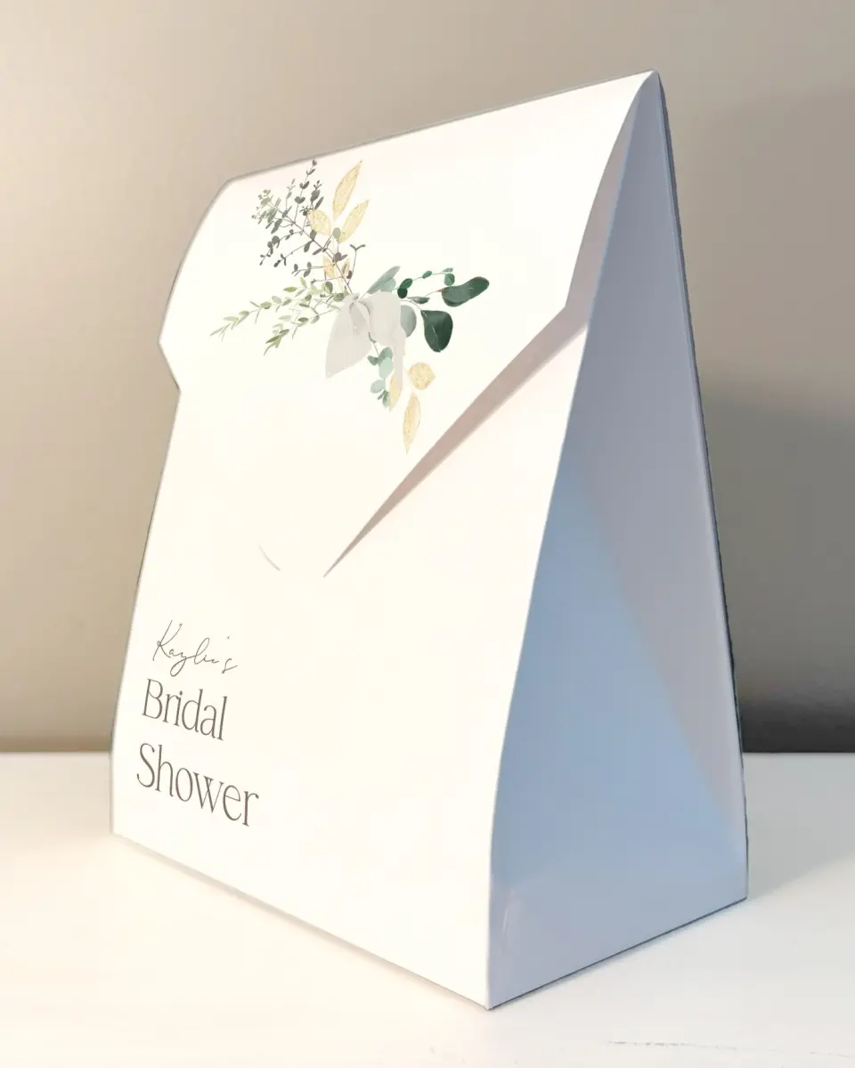 This is a 6.5" x 9" Wedding Favor Boxe called Botanical Bow printed in full color