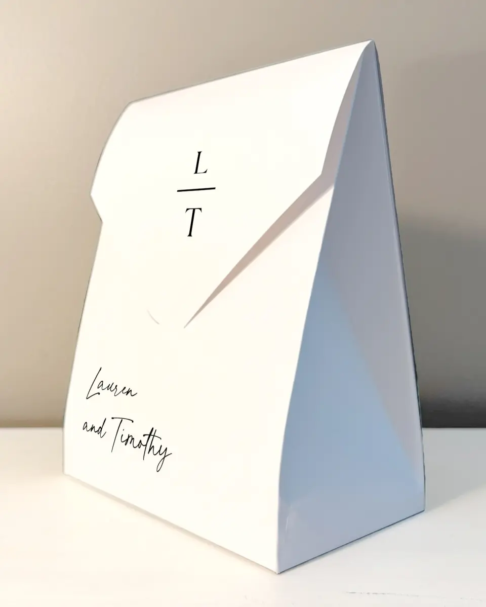 This is a 6.5" x 9" Wedding Favor Boxe called The Lauren printed in full color with Gold foil
