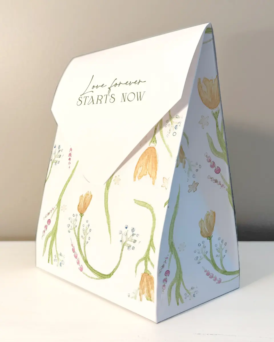 This is a 6.5" x 9" Wedding Favor Boxe called Garden Party printed in full color