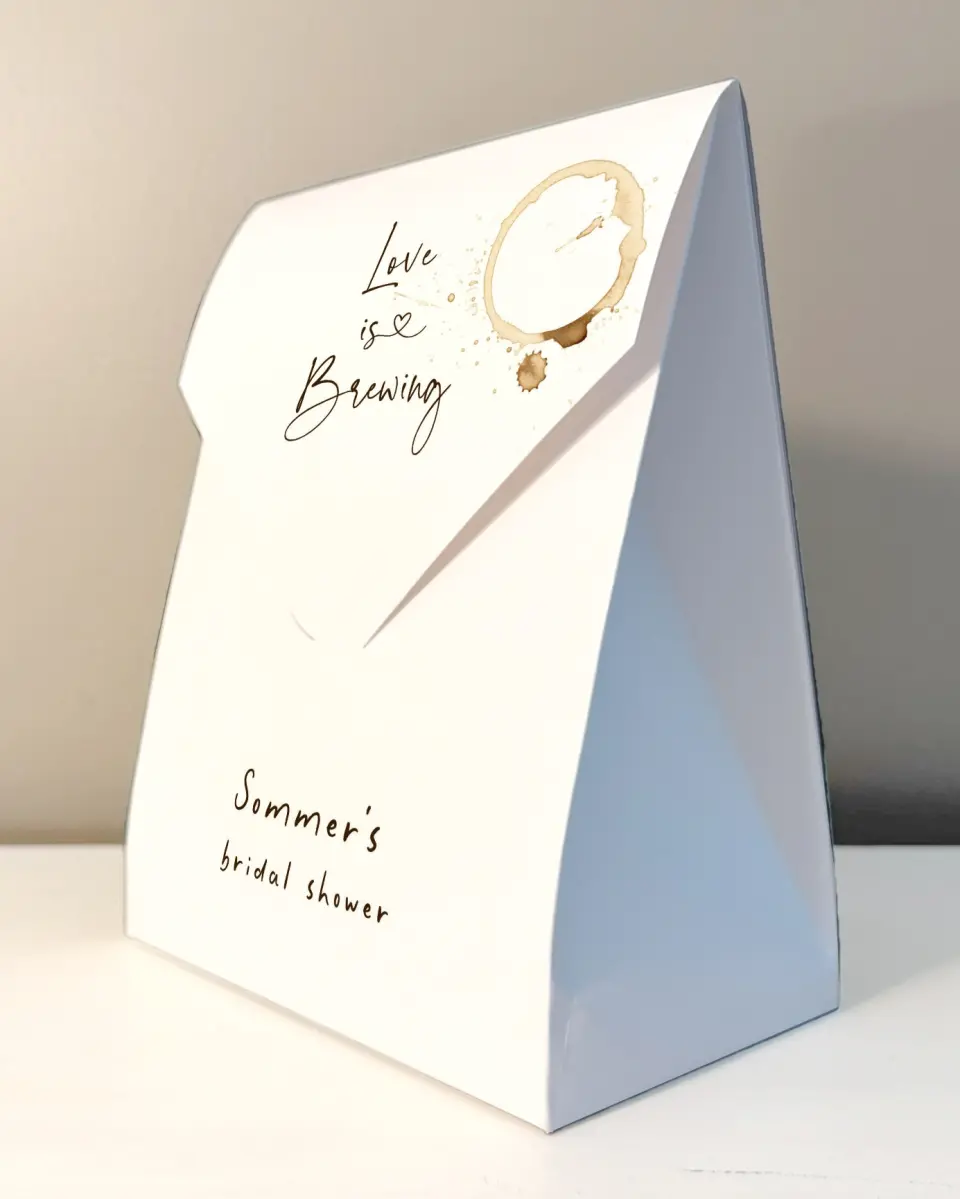 This is a 6.5" x 9" Wedding Favor Boxe called Love is Brewing printed in full color