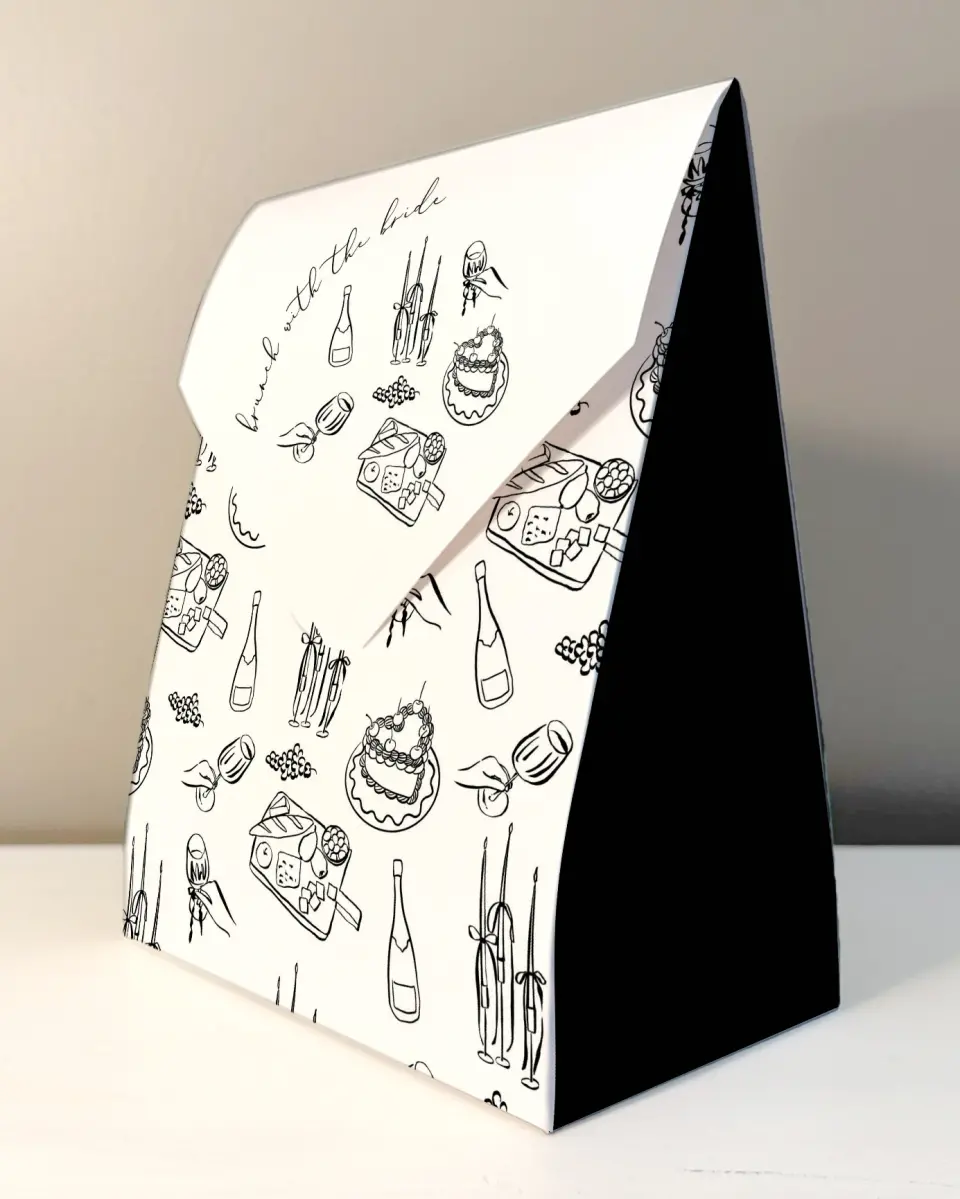 This is a 6.5" x 9" Wedding Favor Boxe called Stay a While printed in full color