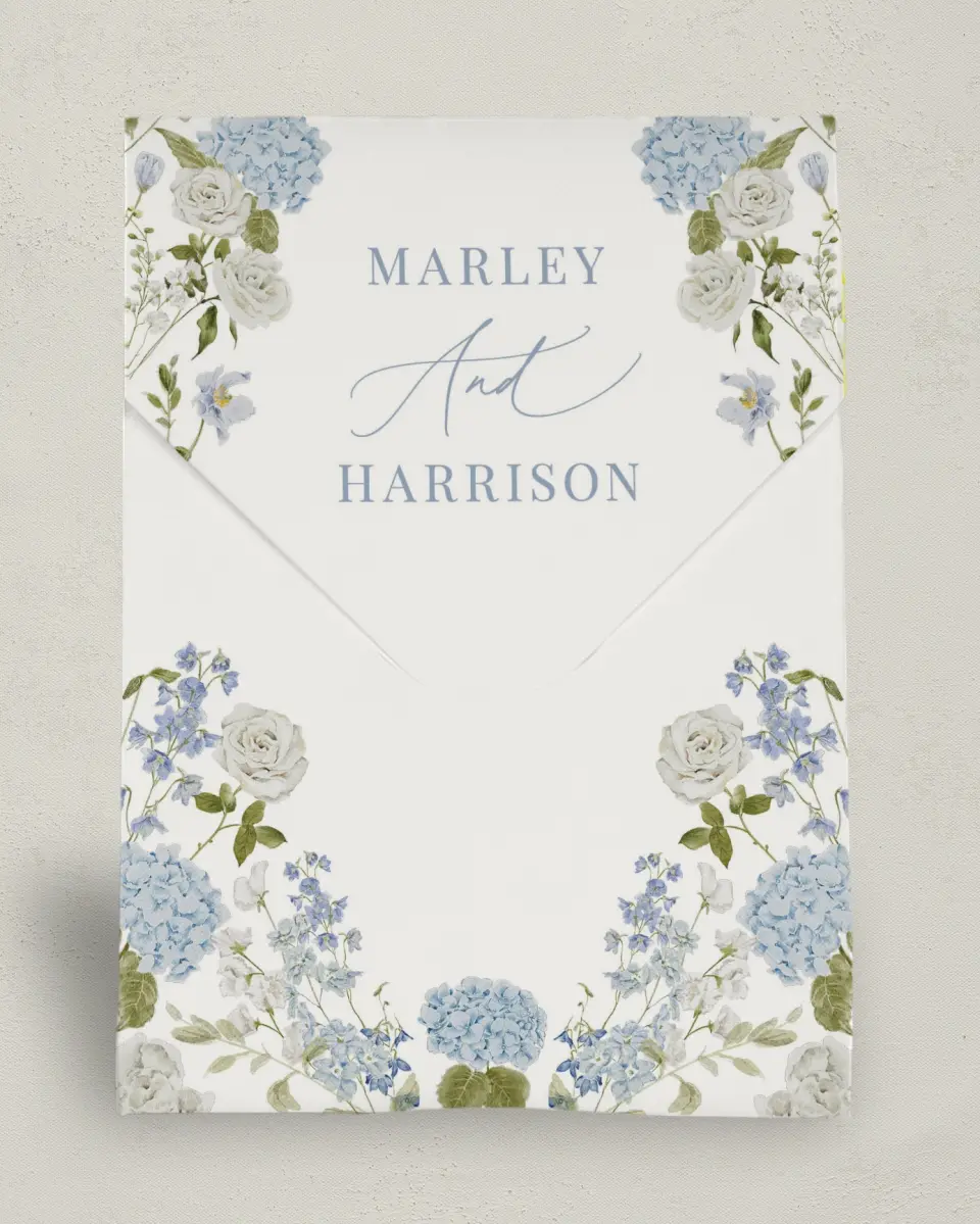 This is a 6.5" x 9" Wedding Favor Boxe called Blue Blossoms printed in full color