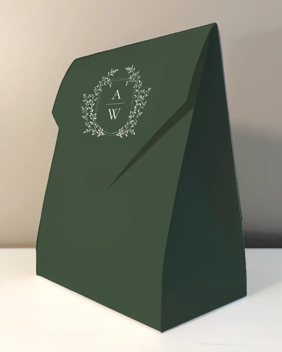 This is a 6.5" x 9" Wedding Favor Boxe called The Adaline printed in full color with Gold foil