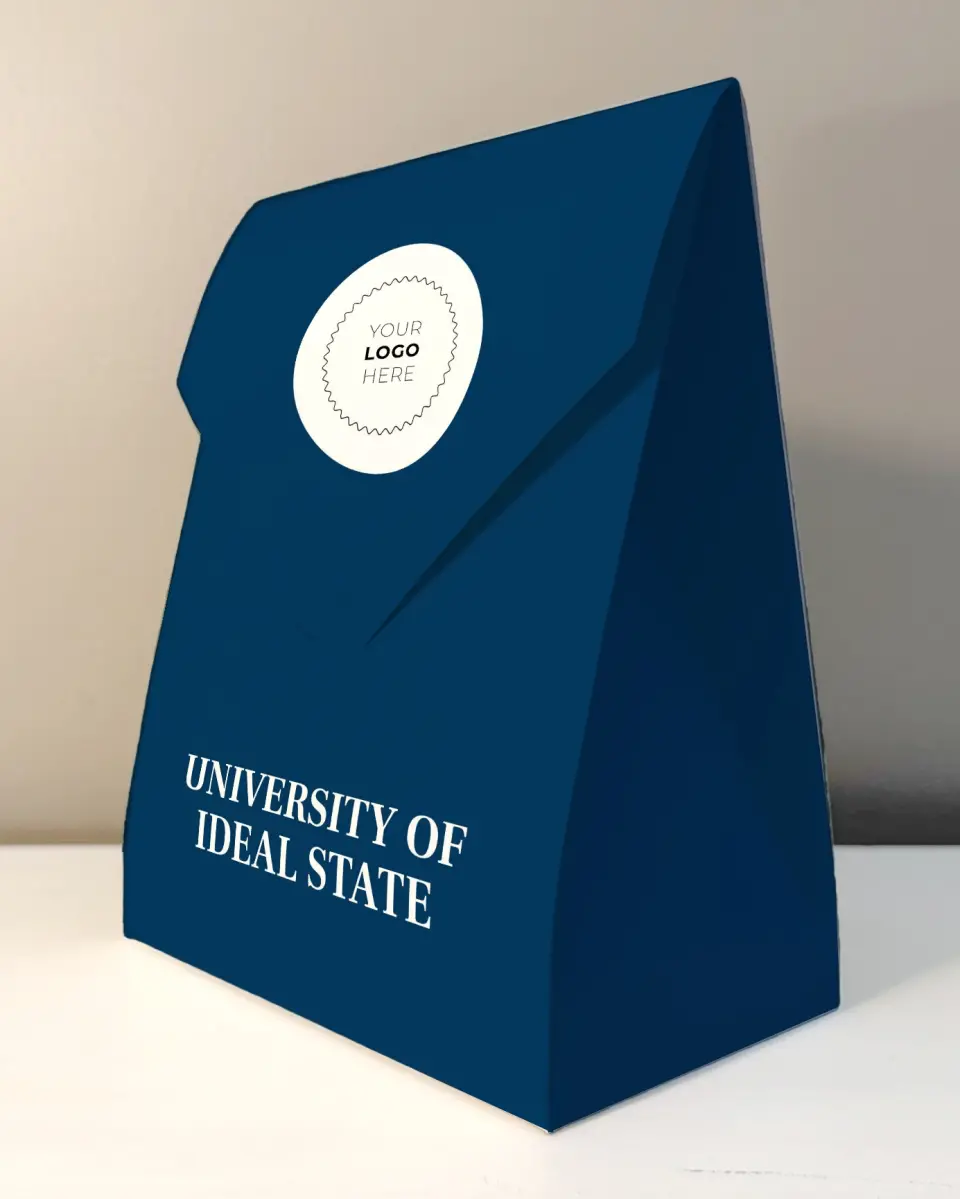 This is a 6.5" x 9" Business Favor Boxe called Spirited Academics printed in full color with Rose Gold foil