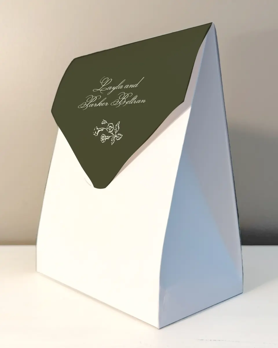 This is a 6.5" x 9" Wedding Favor Boxe called Holderness printed in full color with Rose Gold foil