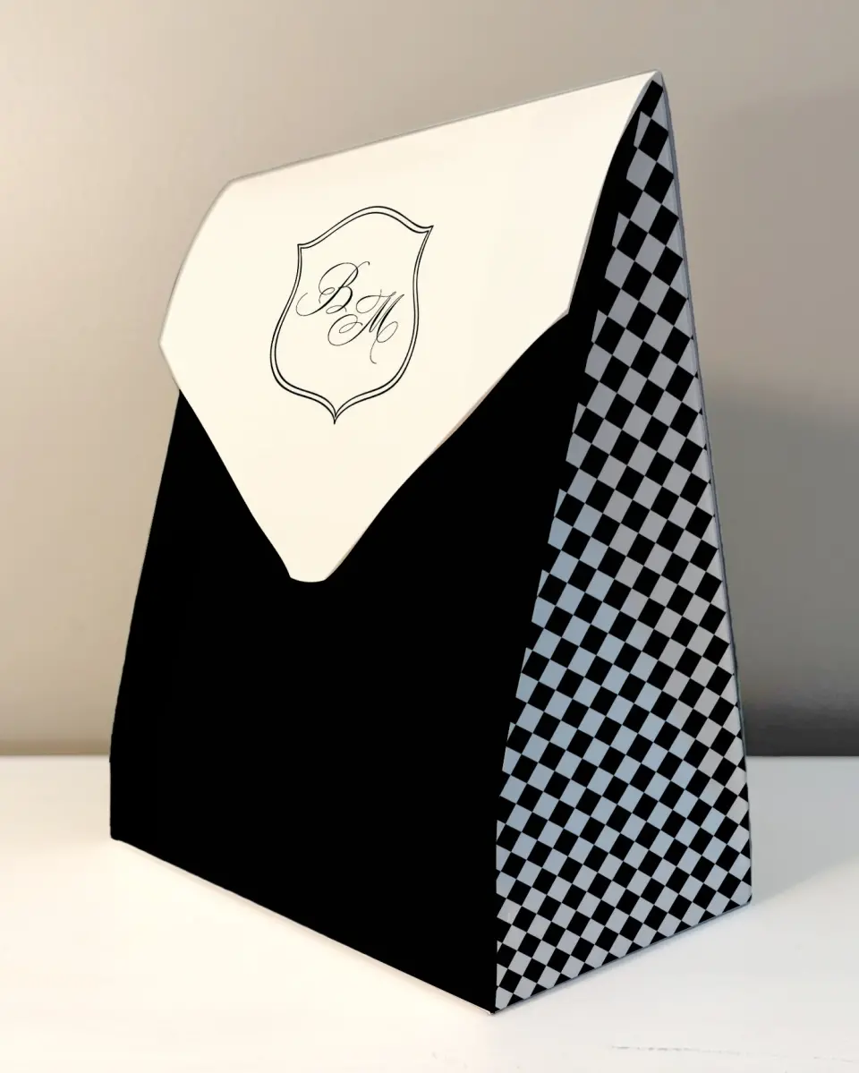This is a 6.5" x 9" Wedding Favor Boxe called Greenwich printed in full color with Gold foil