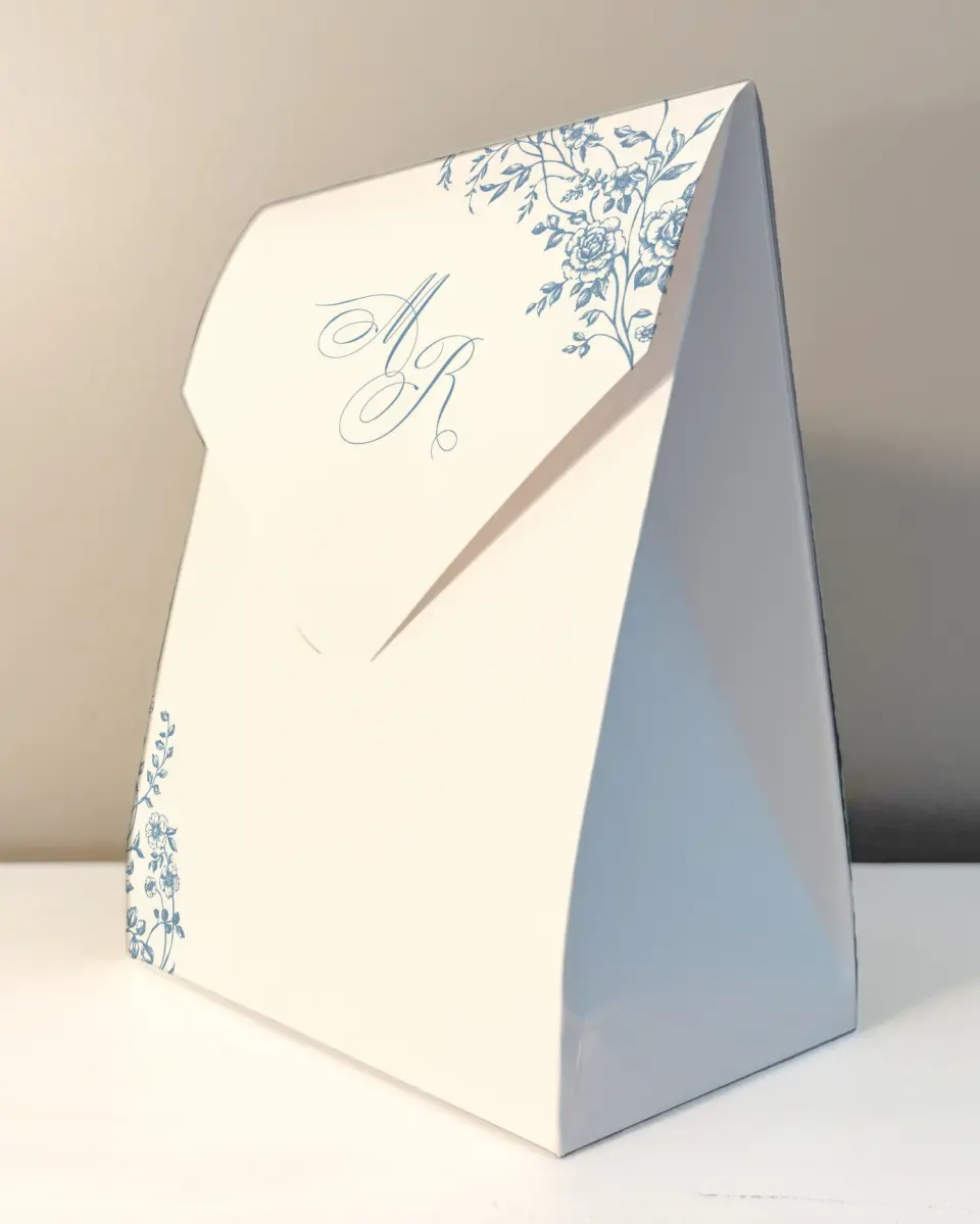 This is a 6.5" x 9" Wedding Favor Boxe called Vintage Reverie printed in full color with Rose Gold foil