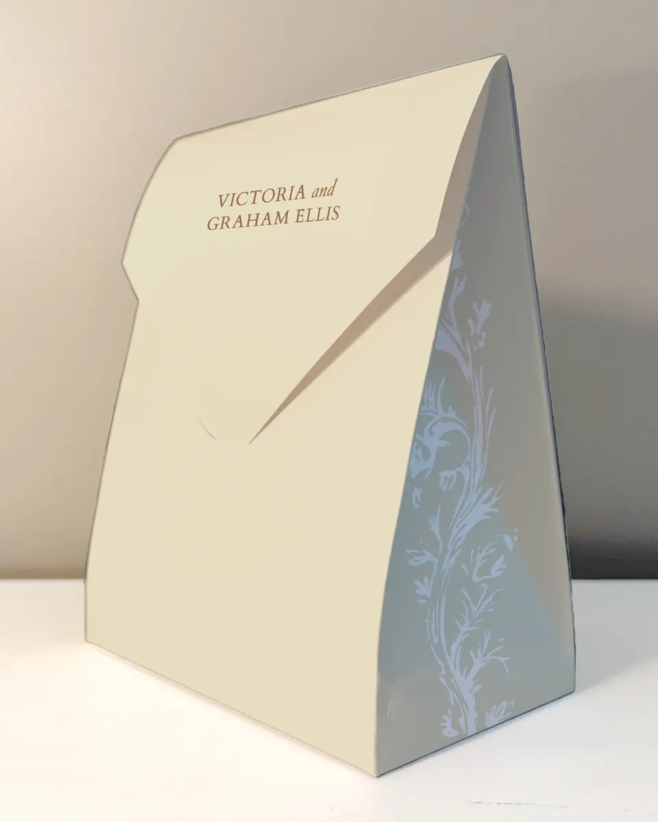 This is a 6.5" x 9" Wedding Favor Boxe called Soft Branchlets printed in full color with Rose Gold foil