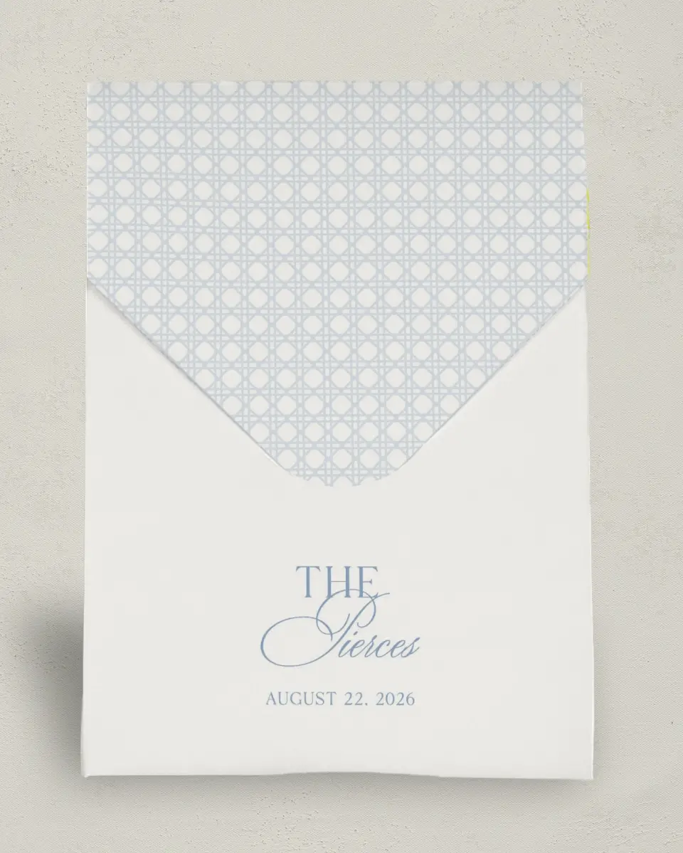 This is a 6.5" x 9" Wedding Favor Boxe called Woven Serenity printed in full color with Gold foil