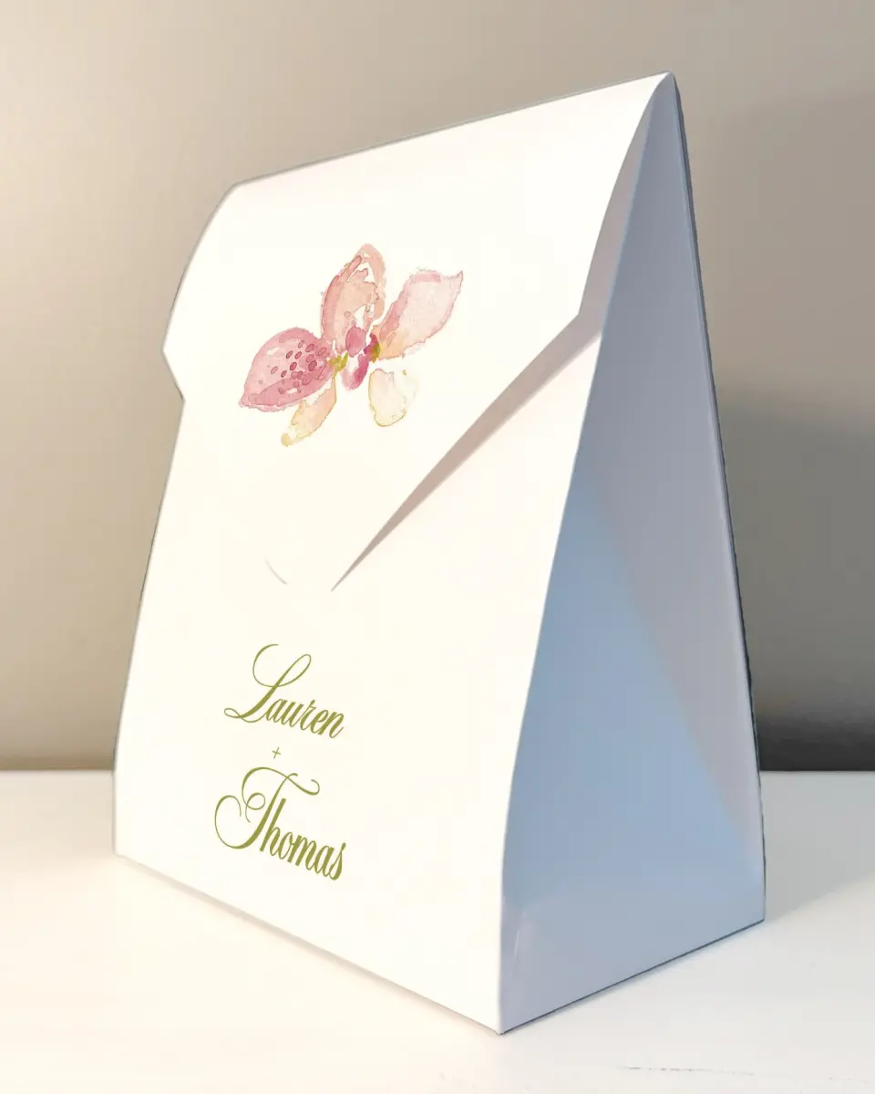 This is a 6.5" x 9" Wedding Favor Boxe called Paradise in Bloom printed in full color with Rose Gold foil