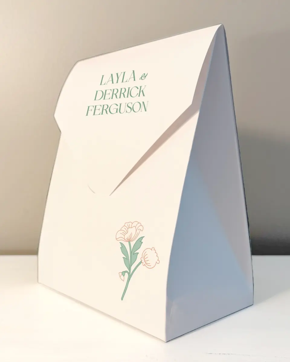 This is a 6.5" x 9" Wedding Favor Boxe called Vintage Dream printed in full color with Gold foil